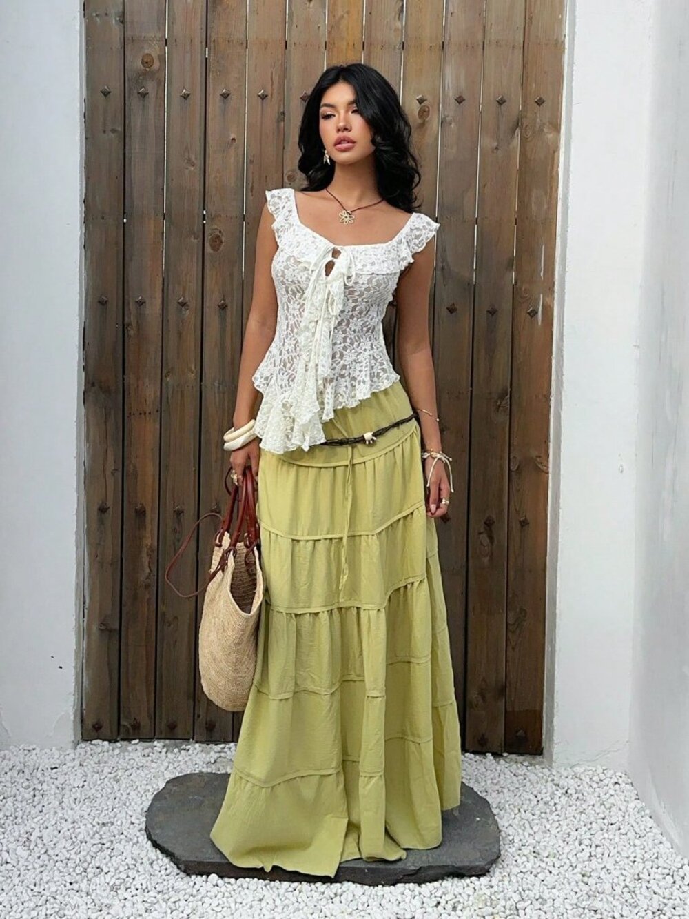 Apricot Casual Women's Ruffle Collar Asymmetric Tie-Up Sheer Lace Top - Picture 6 of 8